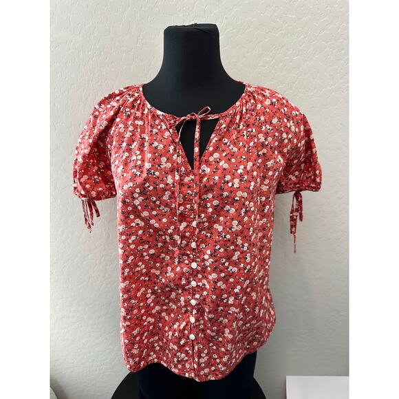 UNIVERSAL THREAD | Red Cottage Floral Boho Puff Sleeve Keyhole Blouse | Small - Picture 2 of 5